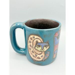 Mara Mexico Art Pottery Cat Mug Turquoise Blue Handmade Stoneware Signed